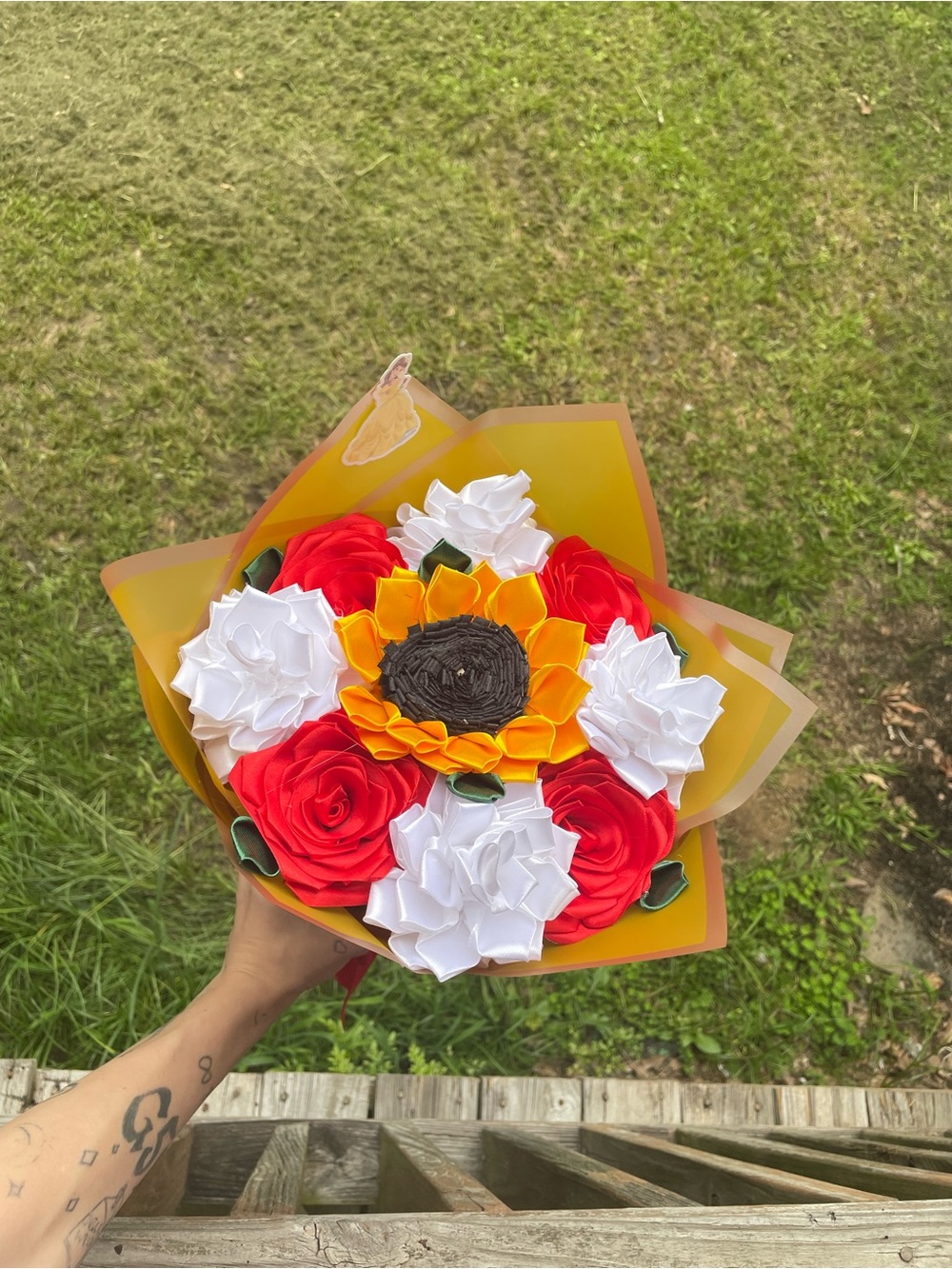 Handmade Red, White & Yellow Silk Flower Bouquet with Sunflower Accent